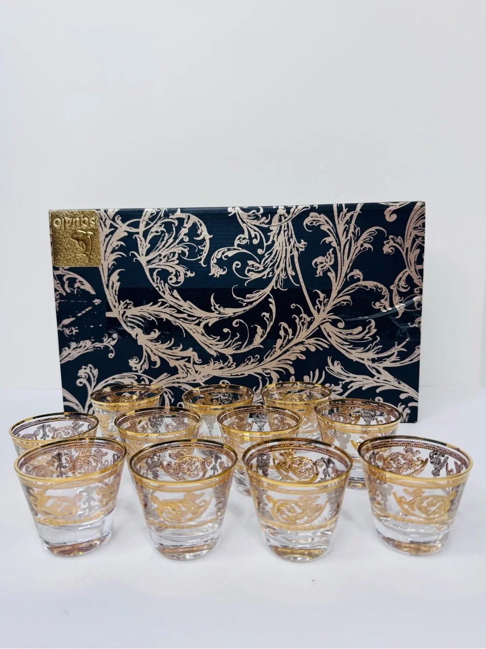 Turkish Arabic Coffee Glass Cups Gold Etched Set w/ Box Made in Turkey Set Of 11